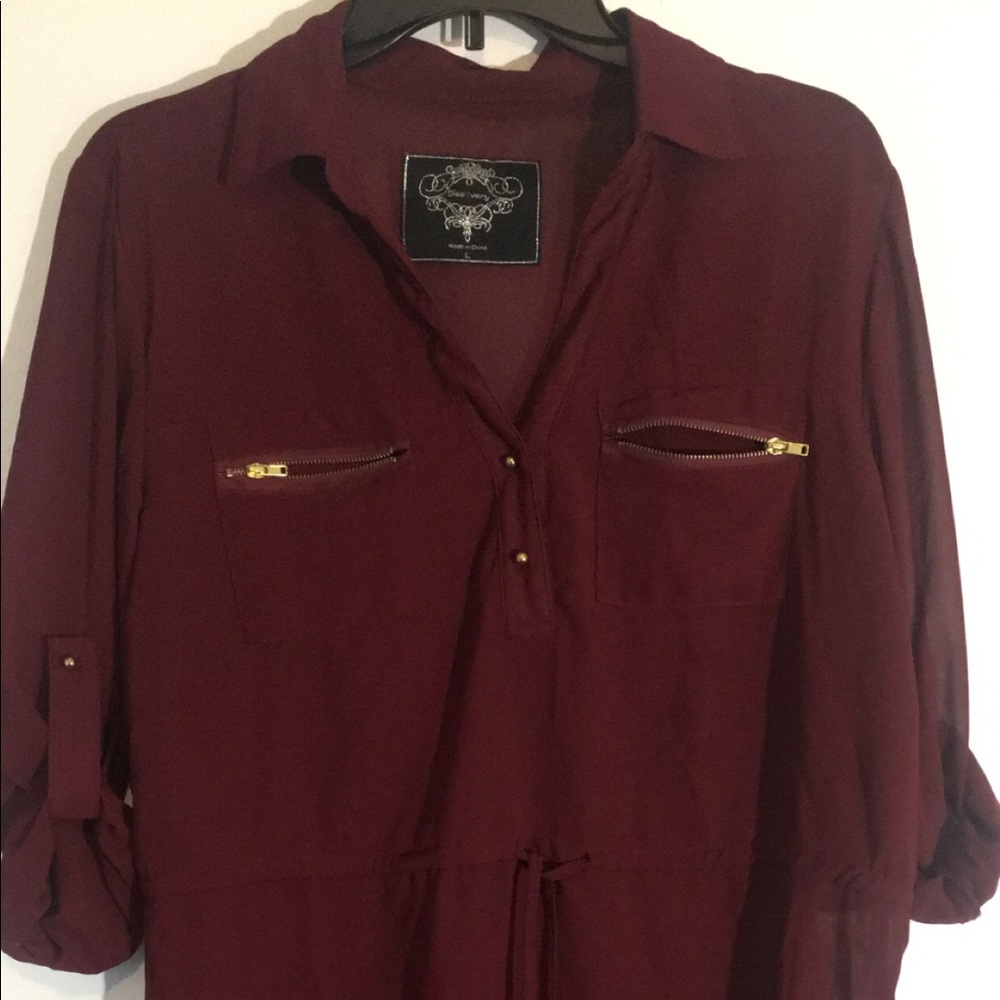 Burgundy dress.